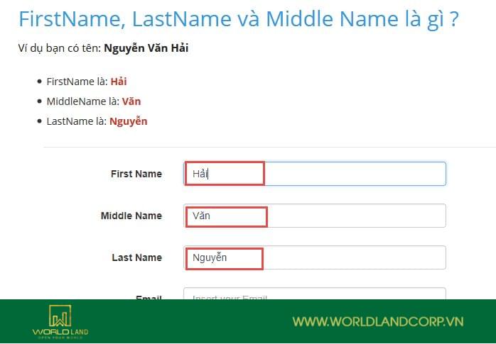 Ví dụ điền thông tin có 3 trường First name, Middle name và Last name